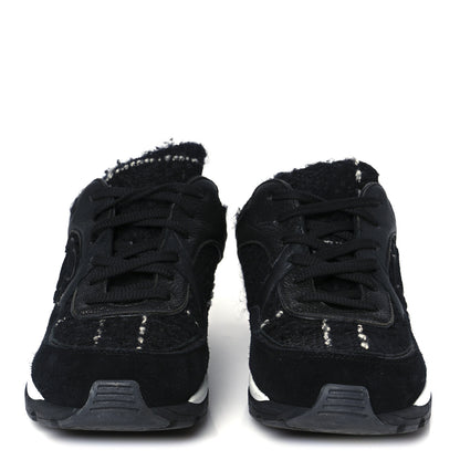 Chanel Tweed Suede Goatskin CC Sneakers 37 Black White 3 of 9