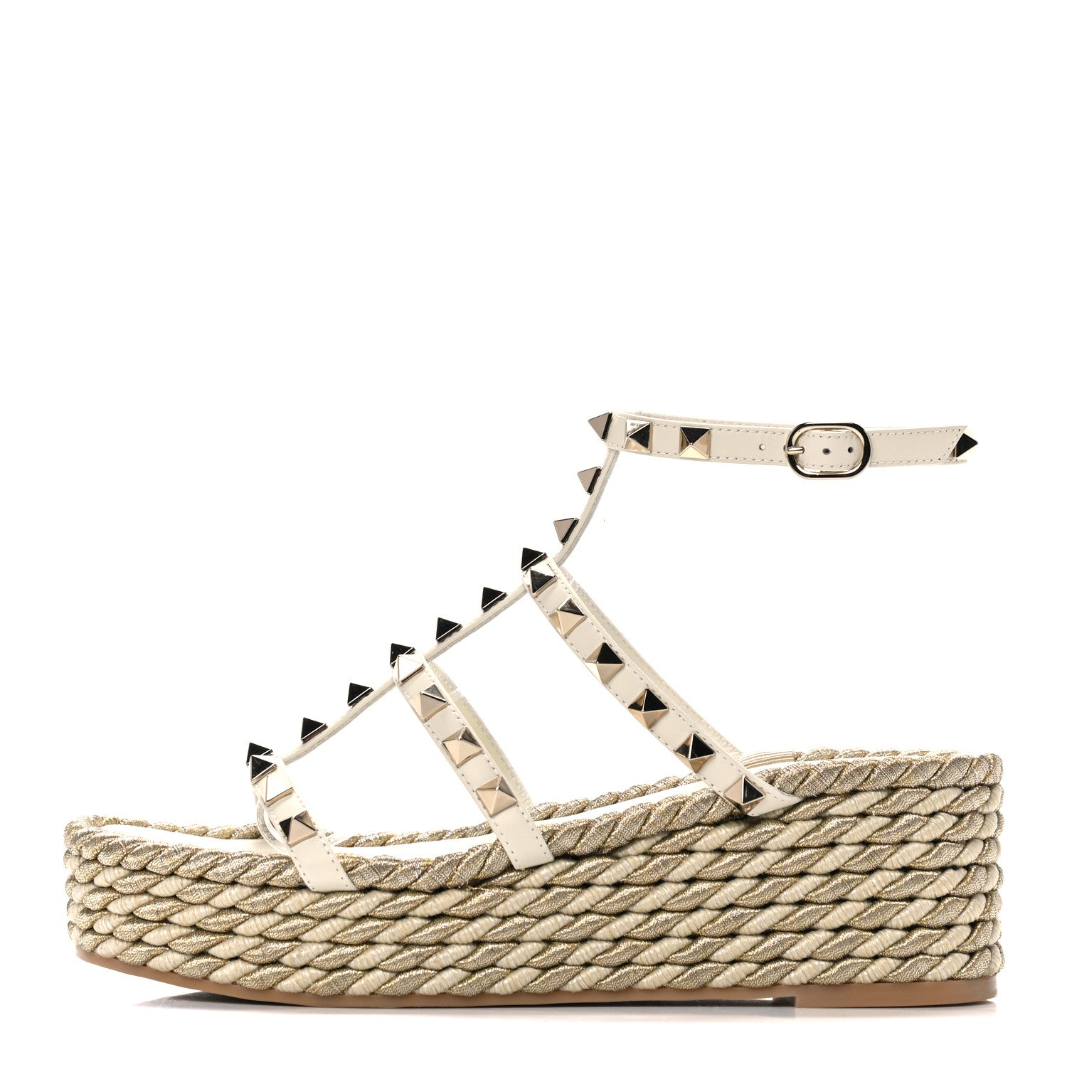 Valentino Garavani Calfskin Rockstud Ankle Strap Torchon Espadrille Caged 30/55mm Sandals 36 Light Ivory 1 of 11