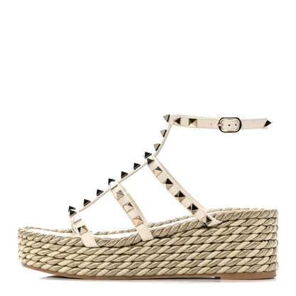 Valentino Garavani Calfskin Rockstud Ankle Strap Torchon Espadrille Caged 30/55mm Sandals 36 Light Ivory 1 of 11