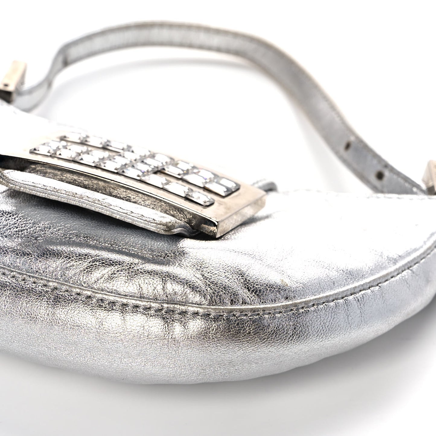 Metallic Calfskin Crystal Mini Half Moon Baguette Silver