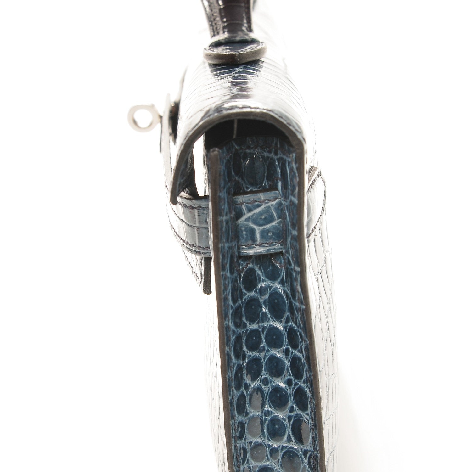 Hermes Shiny Niloticus Crocodile Kelly Cut Pochette Blue Jean 18 of 38