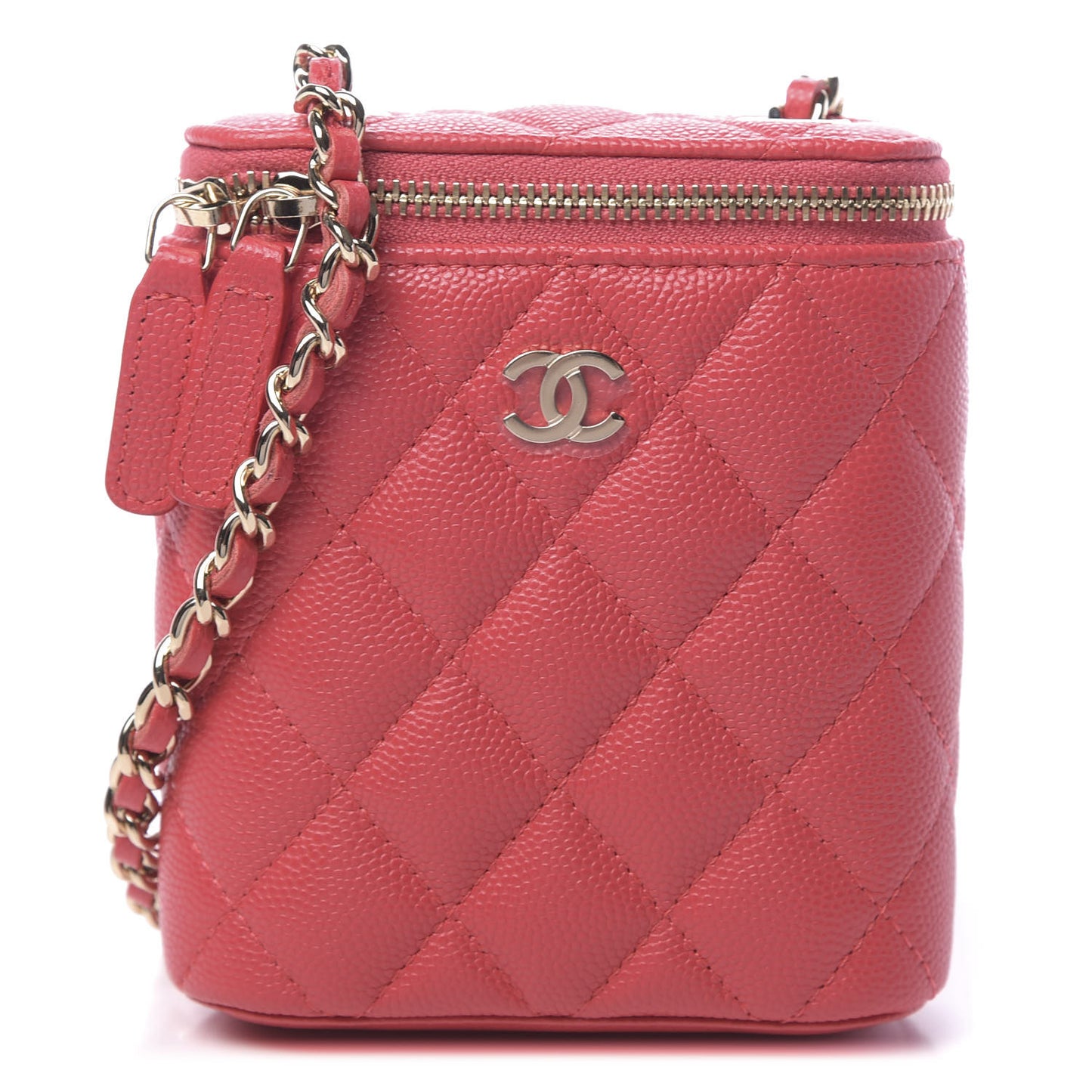 Caviar Quilted Small Vertical Coco Beauty Vanity Case With Chain Red