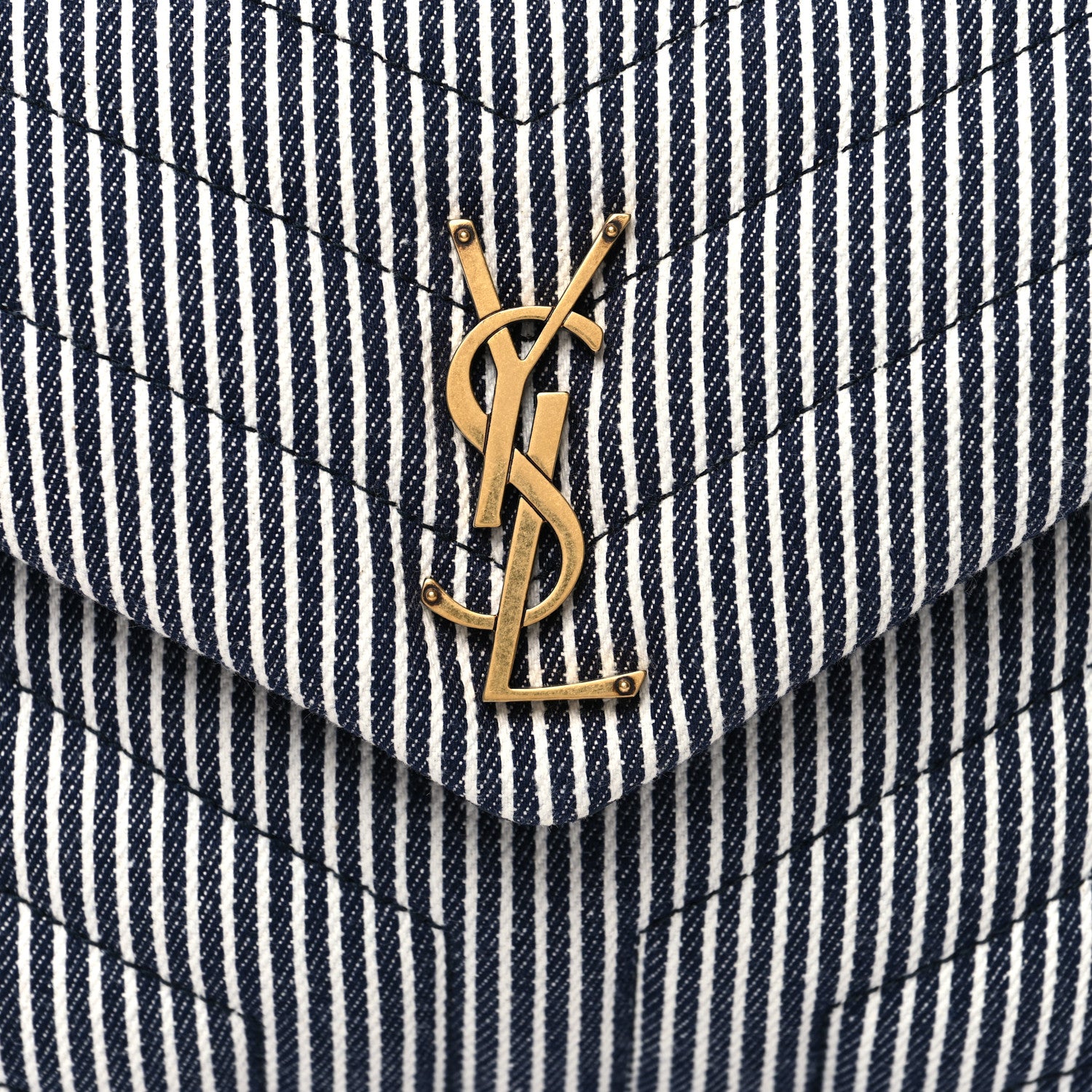 Saint Laurent Striped Denim Y Quilted Monogram Small Loulou Chain Satchel Marine Vintage White 10 of 12