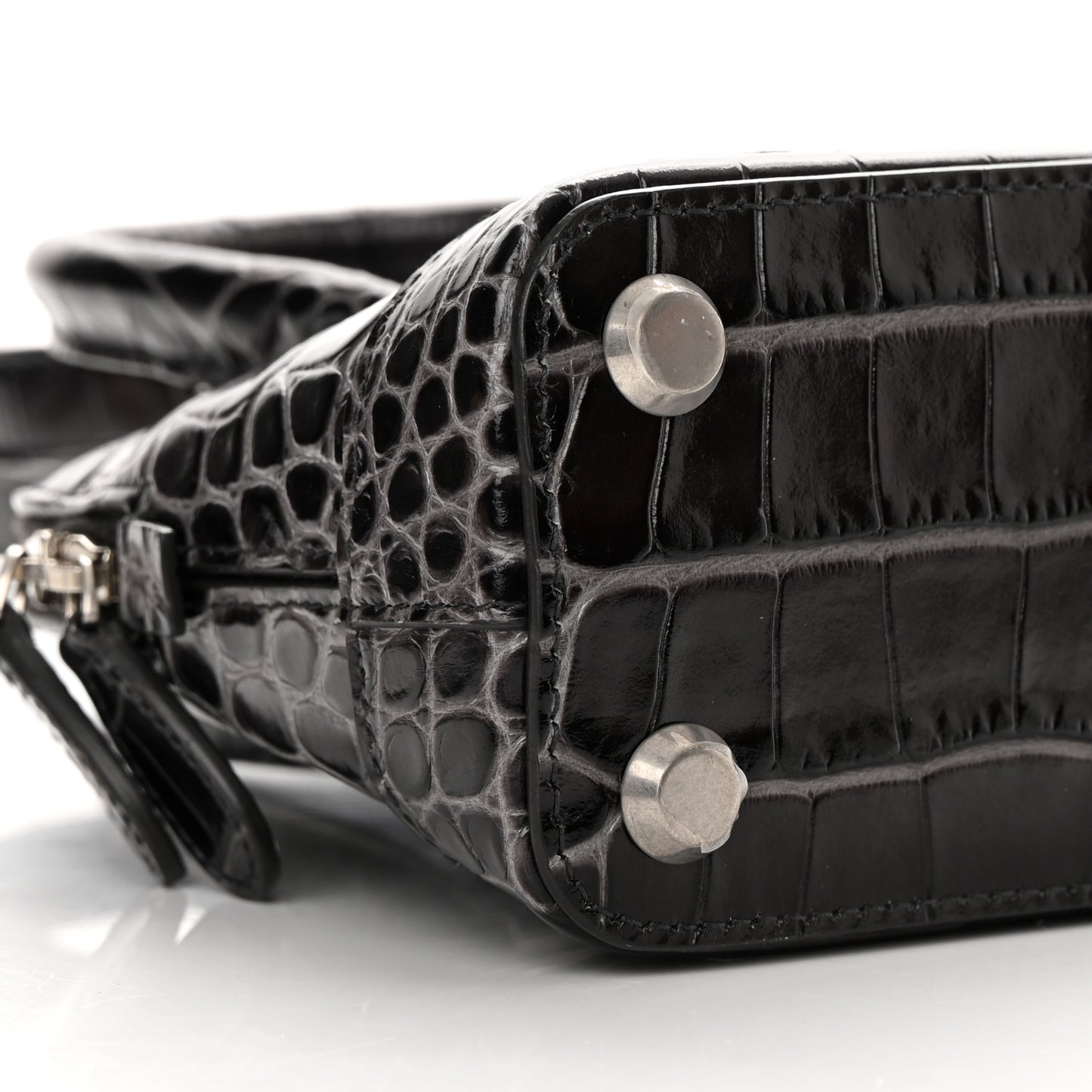 Shiny Calfskin Logo Crocodile Embossed XXS Ville Top Handle Bag Gray