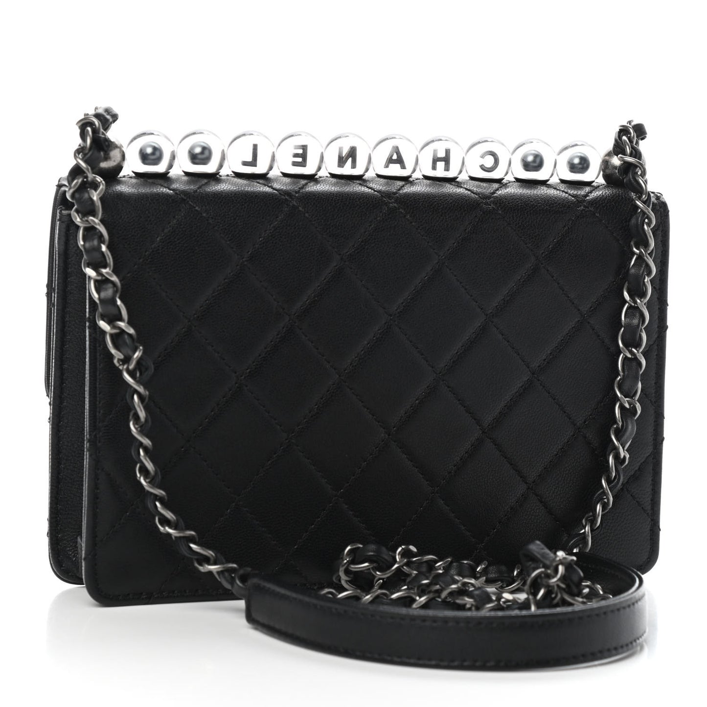 Goatskin Quilted Logo Small Chic Flap Black