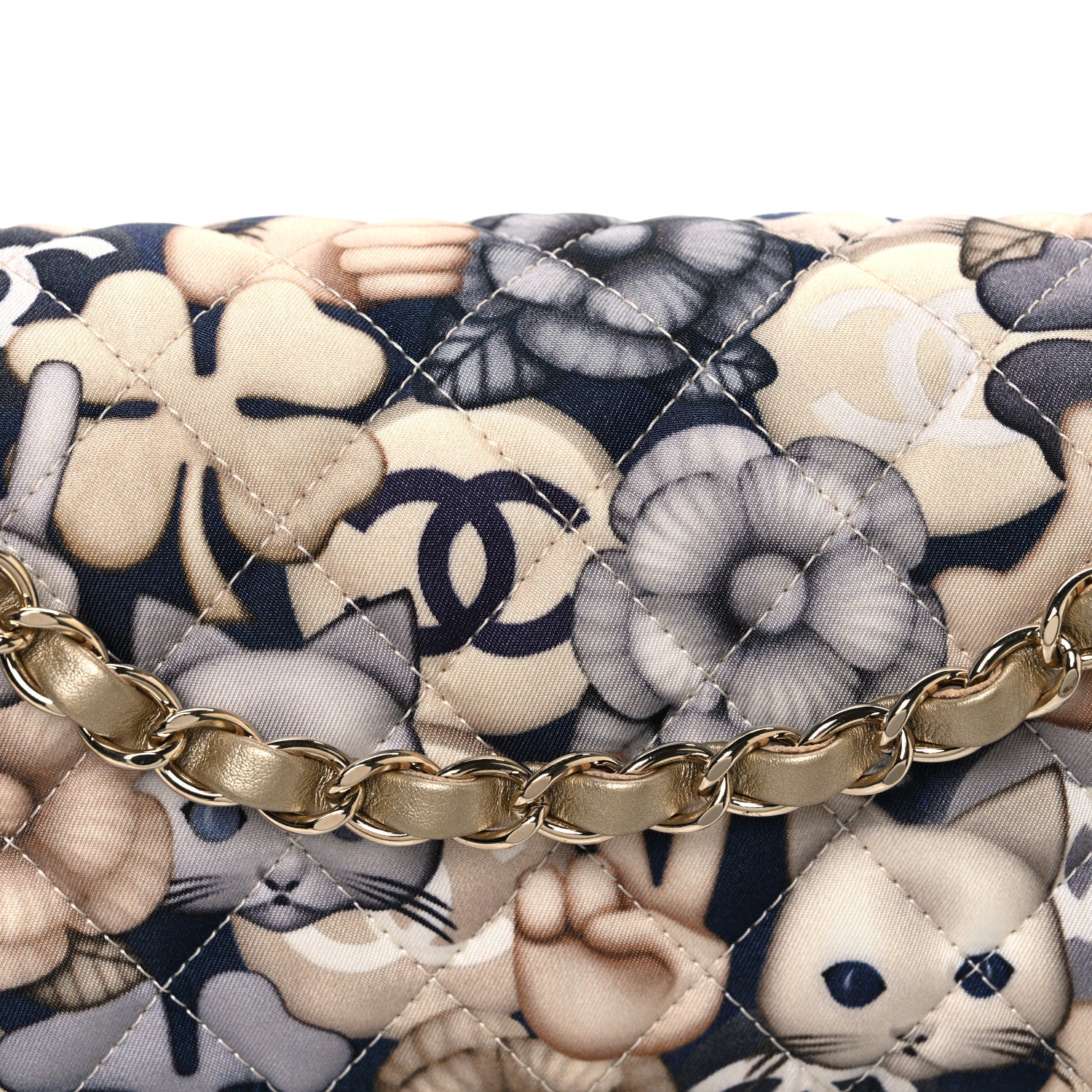 Chanel Nylon Quilted Medium Cat Emoticon Double Flap Navy Grey Ecru 8 of 10