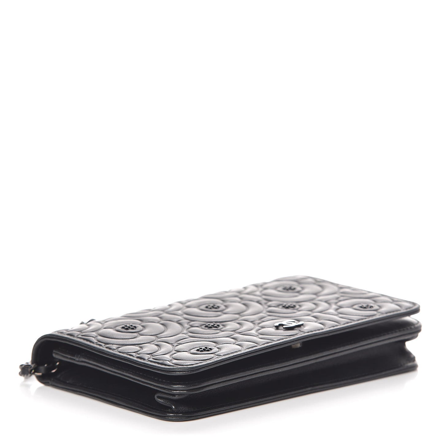 Lambskin Camellia Crystal Wallet on Chain WOC Black