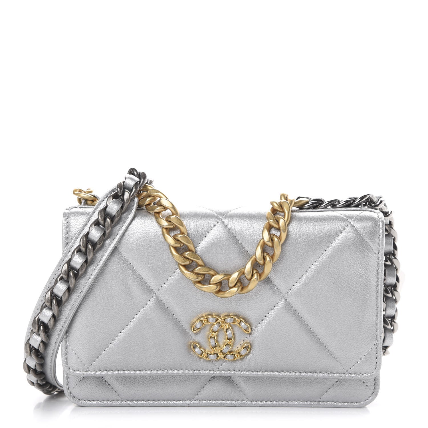 Chanel Metallic Goatskin Quilted 19 Wallet On Chain WOC Silver 1 of 12