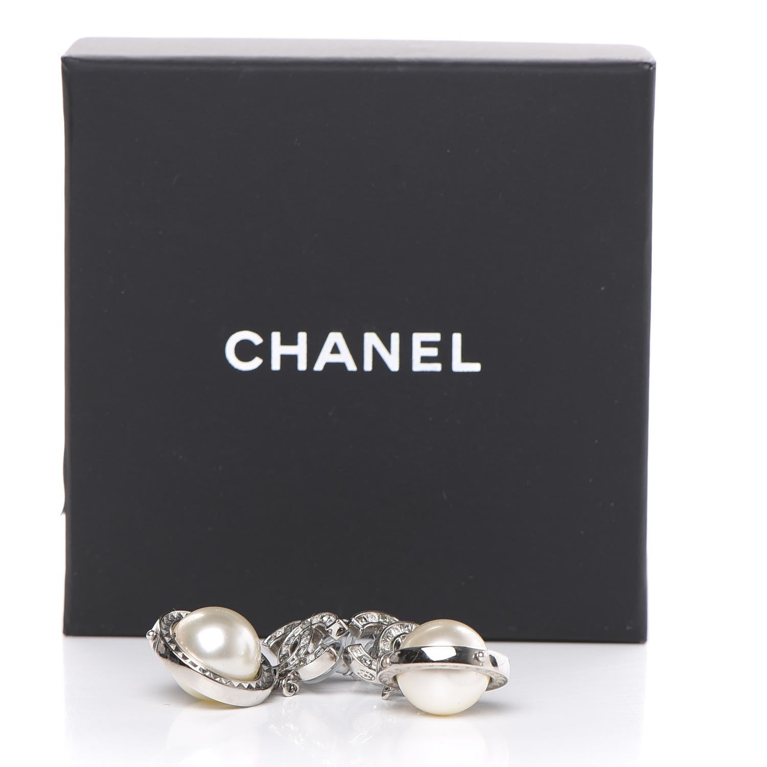 Chanel Baguette Crystal CC Pearl Drop Art Decoco Earrings Silver 5 of 5