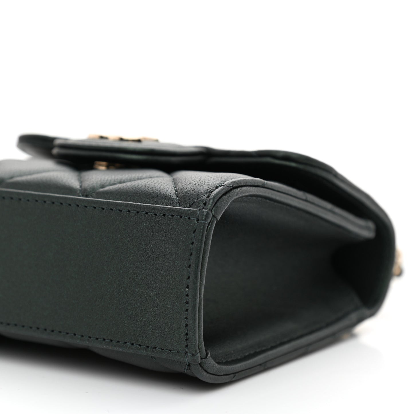 Iridescent Lambskin Quilted Top Handle Flap Clutch With Chain Dark Green