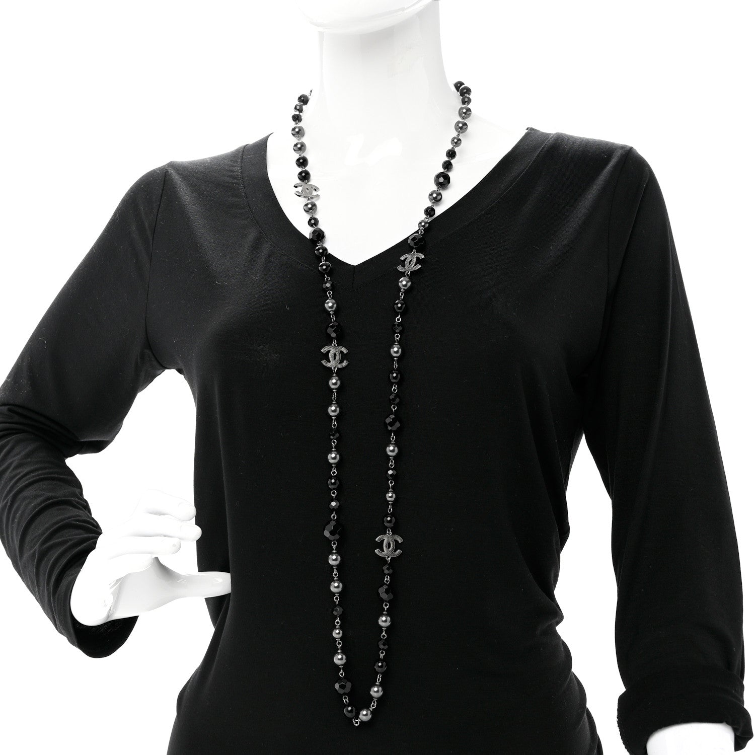Chanel Pearl Beaded CC Long Necklace Silver Black 2 of 5