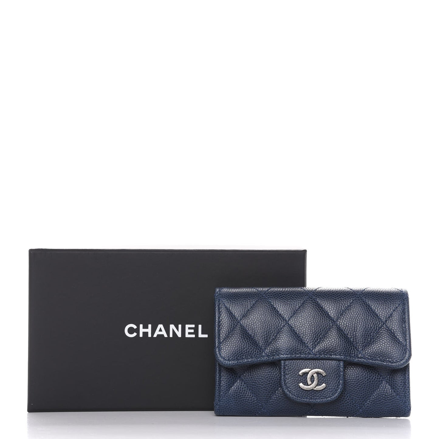 Caviar Quilted Flap Card Holder Navy Blue