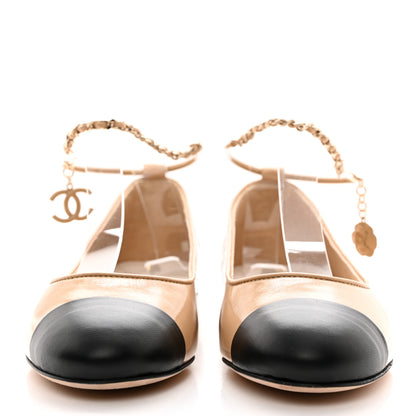 Chanel Lambskin Cap Toe Ankle Chain Ballerina Flats 36 Beige Black 2 of 9