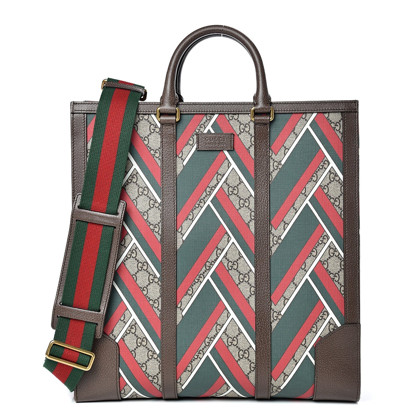 GG Supreme Monogram Chevron Web Vertical Tote Beige Green Red New Acero