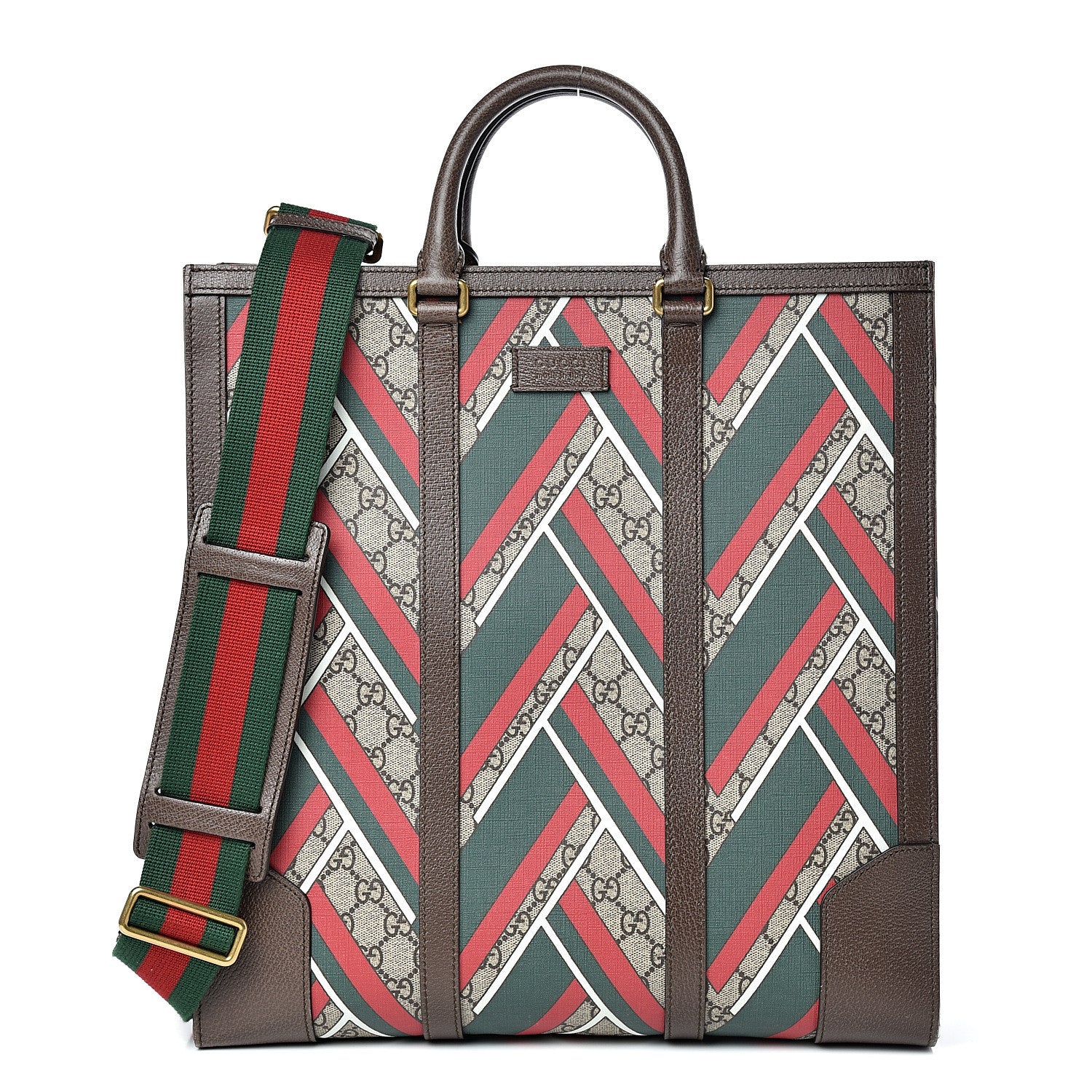 Gucci GG Supreme Monogram Chevron Web Vertical Tote Beige Green Red New Acero 1 of 12