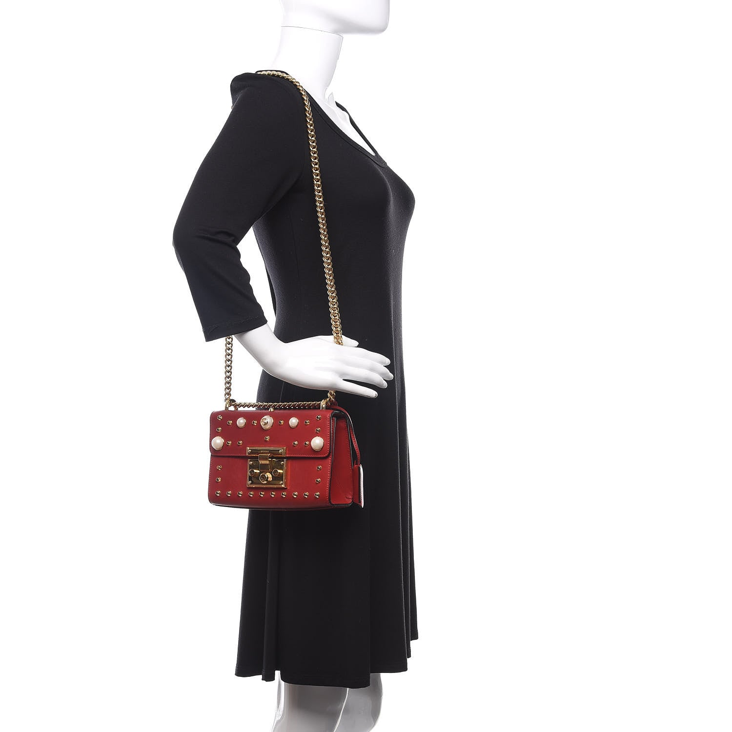 Gucci Calfskin Studded Small Padlock Shoulder Bag Hibiscus Red 2 of 12