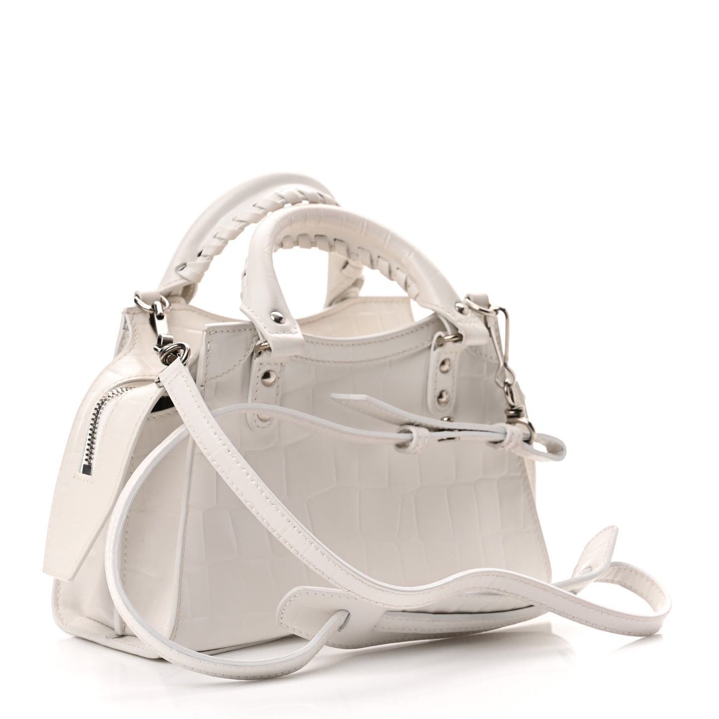 Semi Shiny Calfskin Crocodile Embossed Neo Classic Silver Hardware Mini City White