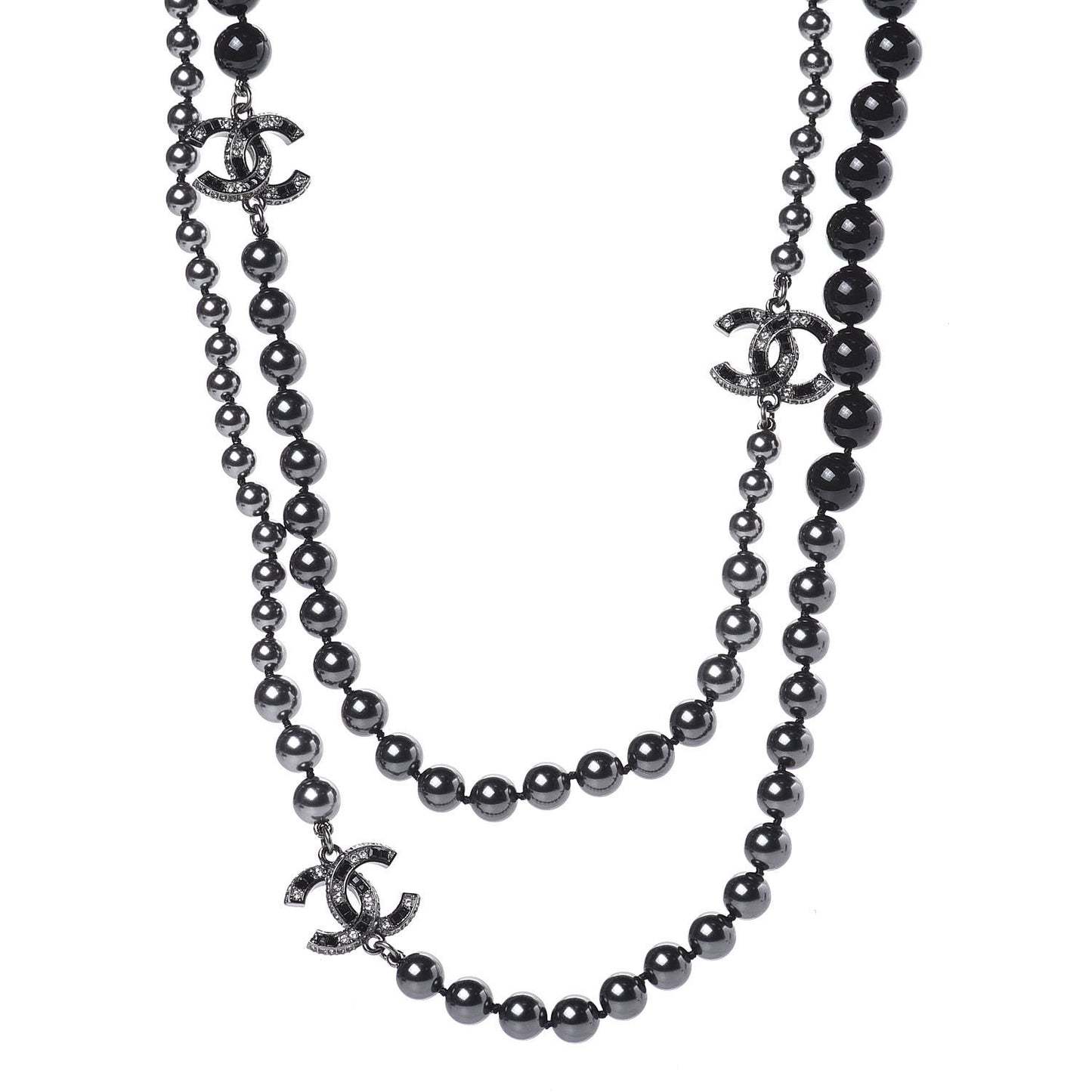 Ruthenium Crystal Baguette Pearl Beaded CC Long Necklace Black Grey