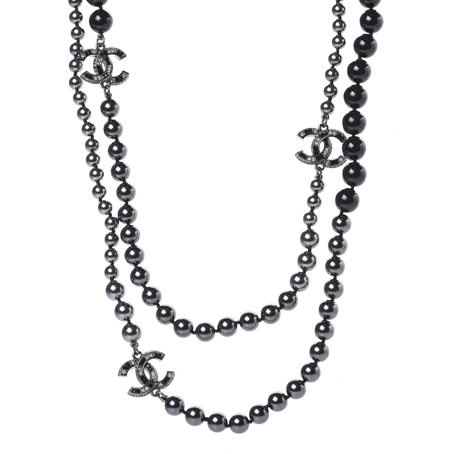Chanel Ruthenium Crystal Baguette Pearl Beaded CC Long Necklace Black Grey 1 of 6