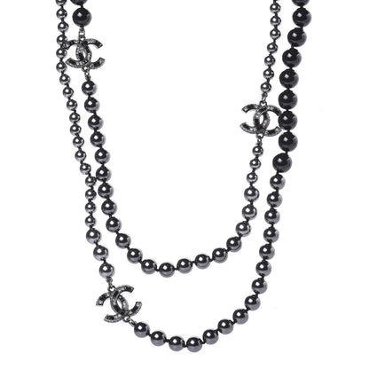 Chanel Ruthenium Crystal Baguette Pearl Beaded CC Long Necklace Black Grey 1 of 6