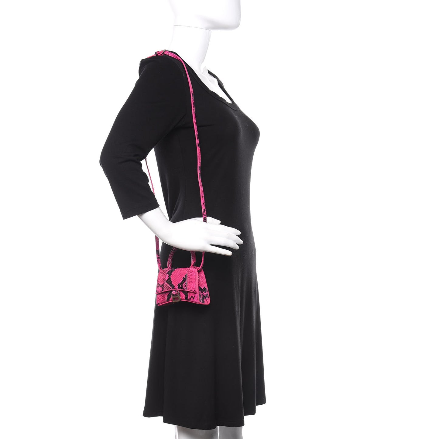 Shiny Calfskin Python Effect Hourglass Top Handle Bag Mini Fuchsia Black
