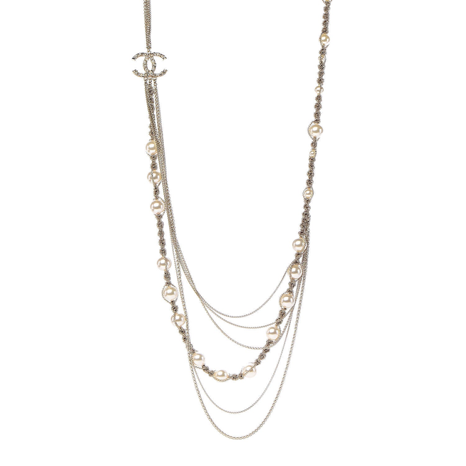 Chanel Crystal Pearl CC Long Multistrand Necklace Gold 1 of 6