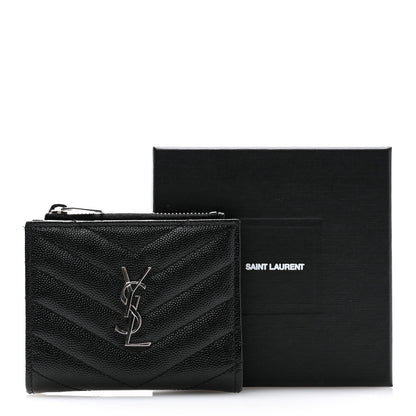 Saint Laurent Grain De Poudre Matelasse Chevron Monogram Zipped Card Case Black 10 of 10