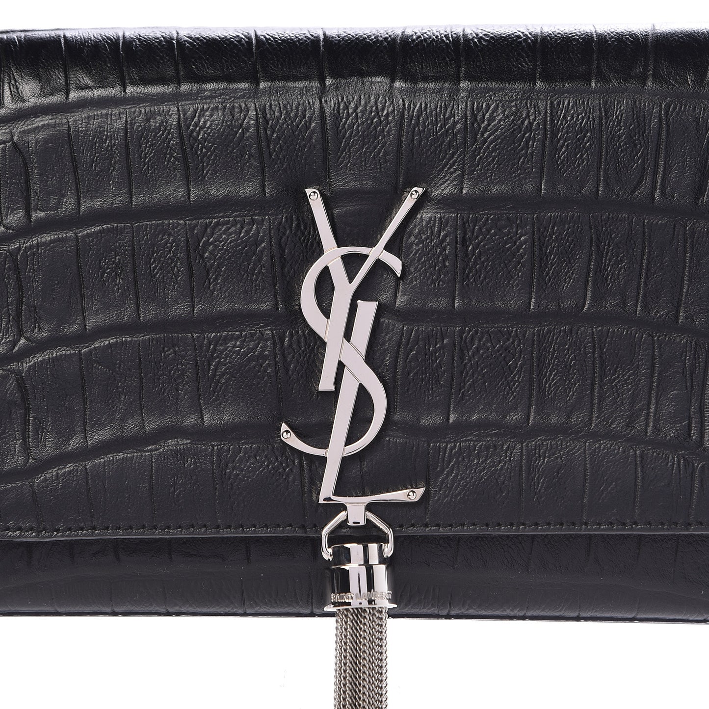 Calfskin Crocodile Embossed Classic Monogram Tassel Clutch Black