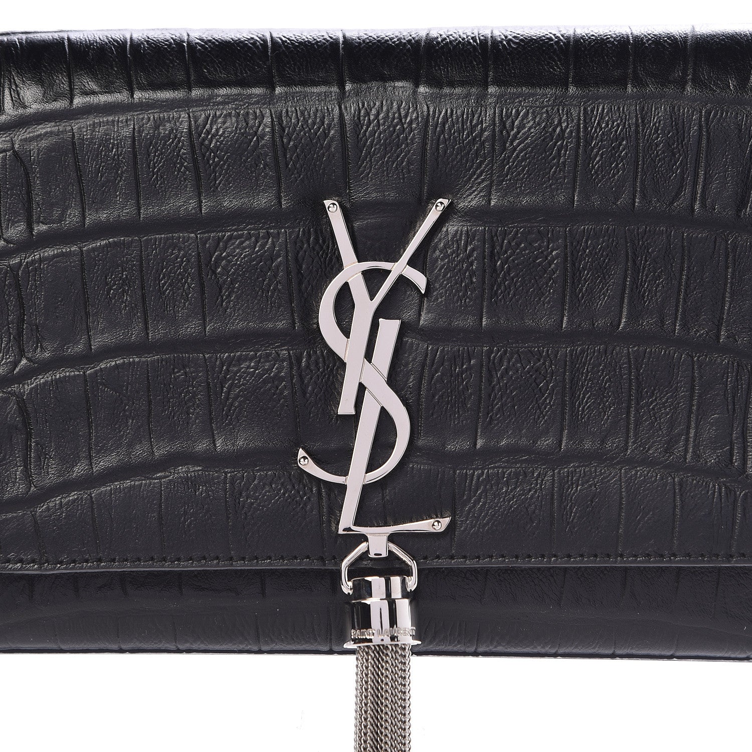 Saint Laurent Calfskin Crocodile Embossed Classic Monogram Tassel Clutch Black 13 of 13