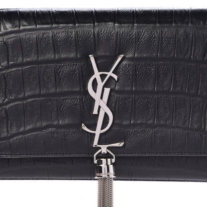 Saint Laurent Calfskin Crocodile Embossed Classic Monogram Tassel Clutch Black 13 of 13