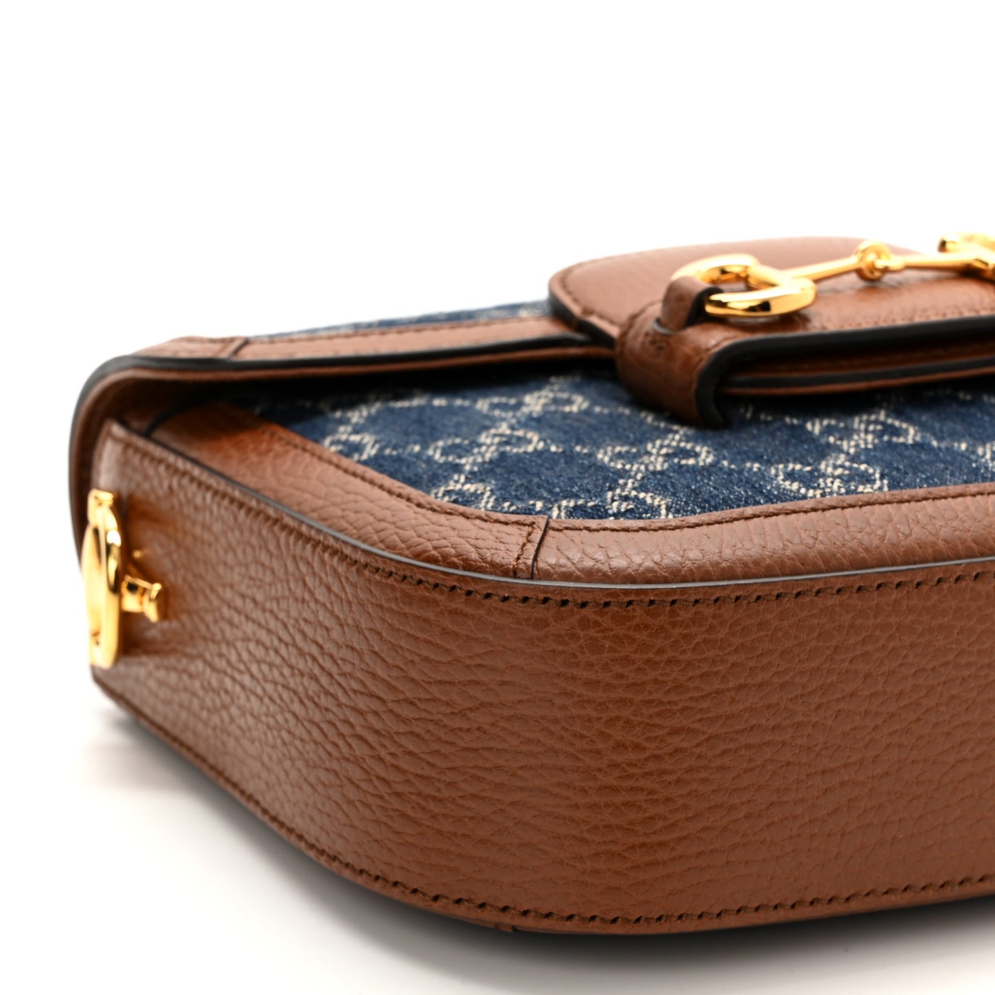New Denim GG Monogram Dollar Calfskin Web Mini Horsebit 1955 Shoulder Bag Blue Tea Cuir Epilog