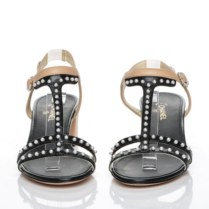 Chanel Lambskin Pearl Sandals 37 Beige Black 2 of 8
