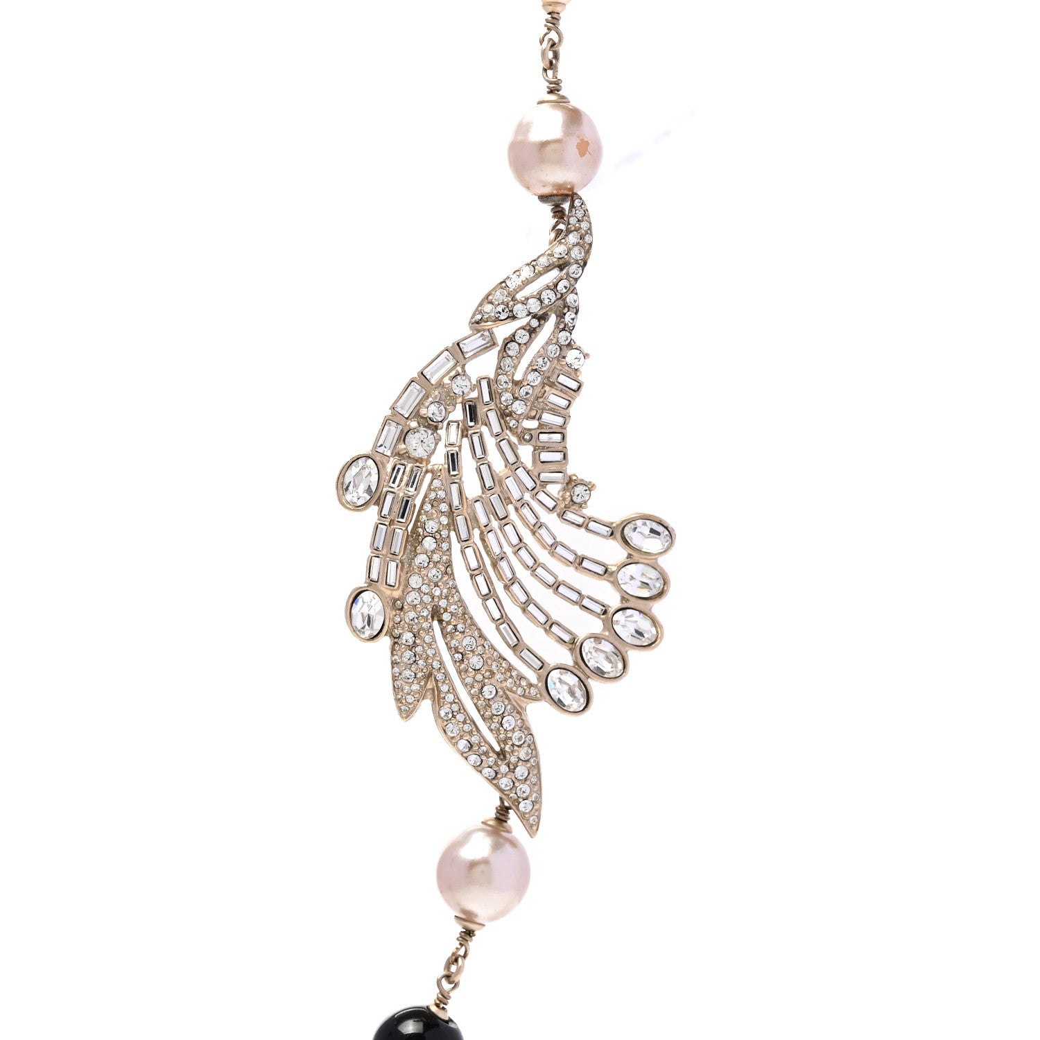 Chanel Pearl Crystal Baguette Beaded Wing Long Necklace Black Gold 4 of 5