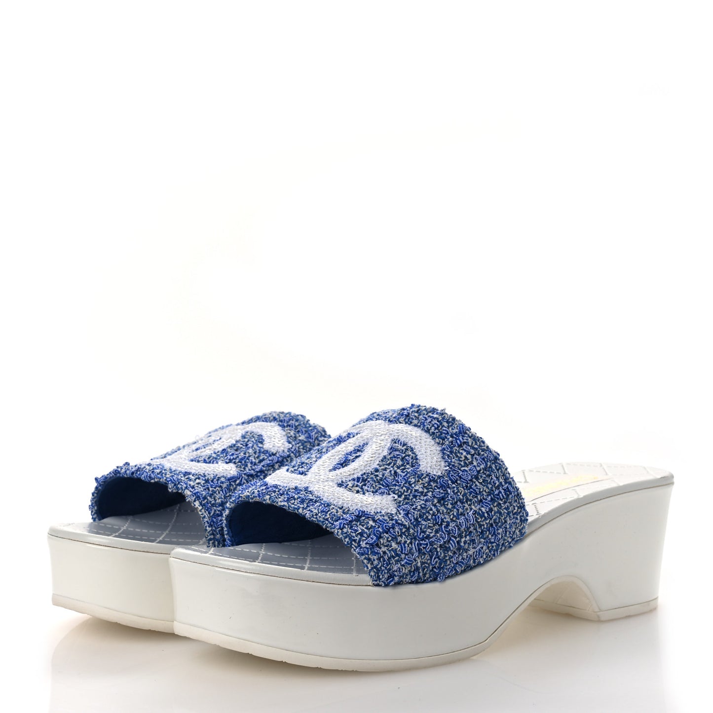 Tweed Sequin Patent Calfskin CC Mule Sandals 41 Blue White