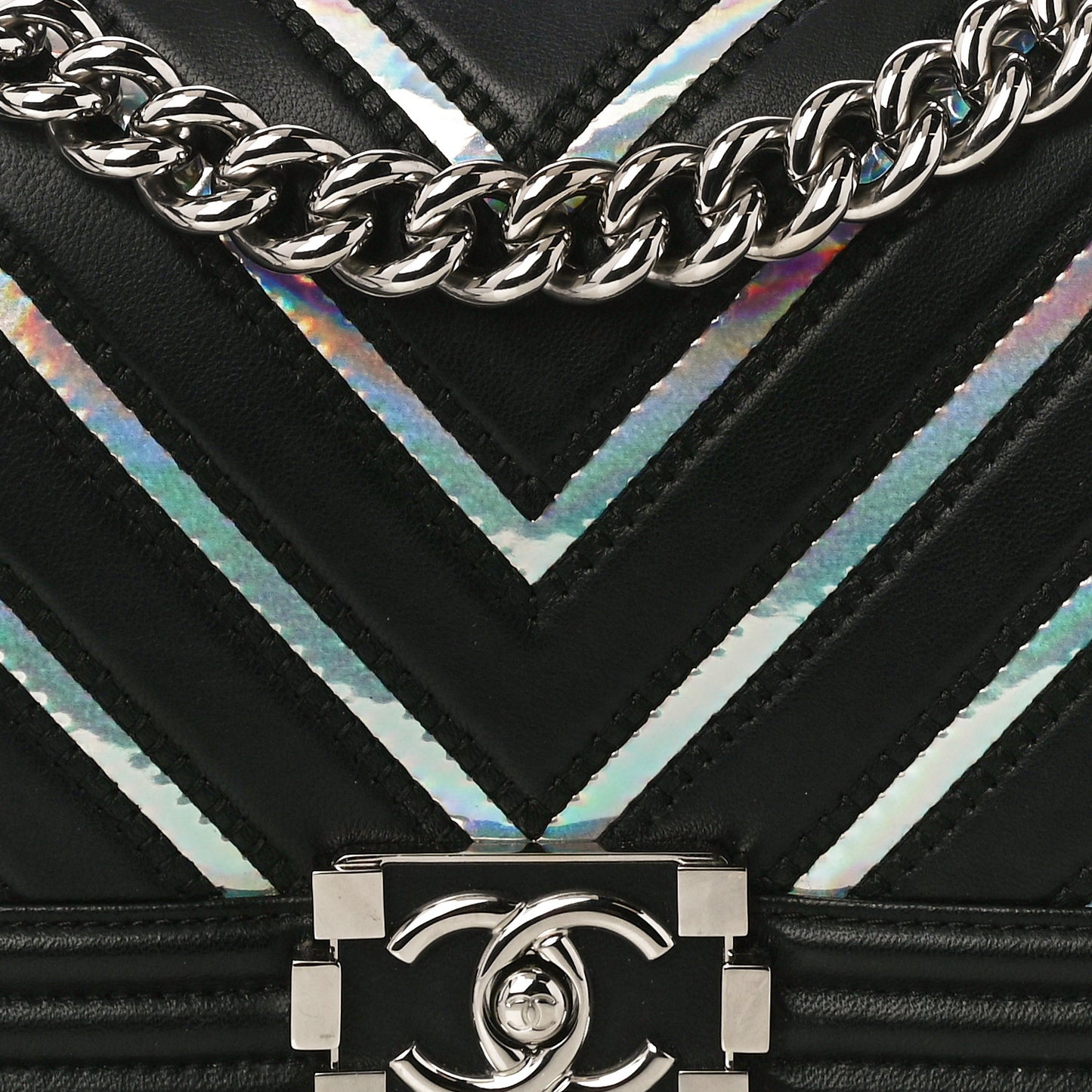 Lambskin Iridescent PVC Chevron Quilted Medium Boy Flap Black Silver