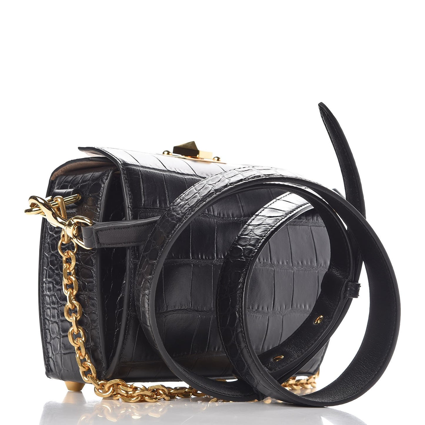 Calfskin Crocodile Embossed Box Shoulder Bag 19 Black