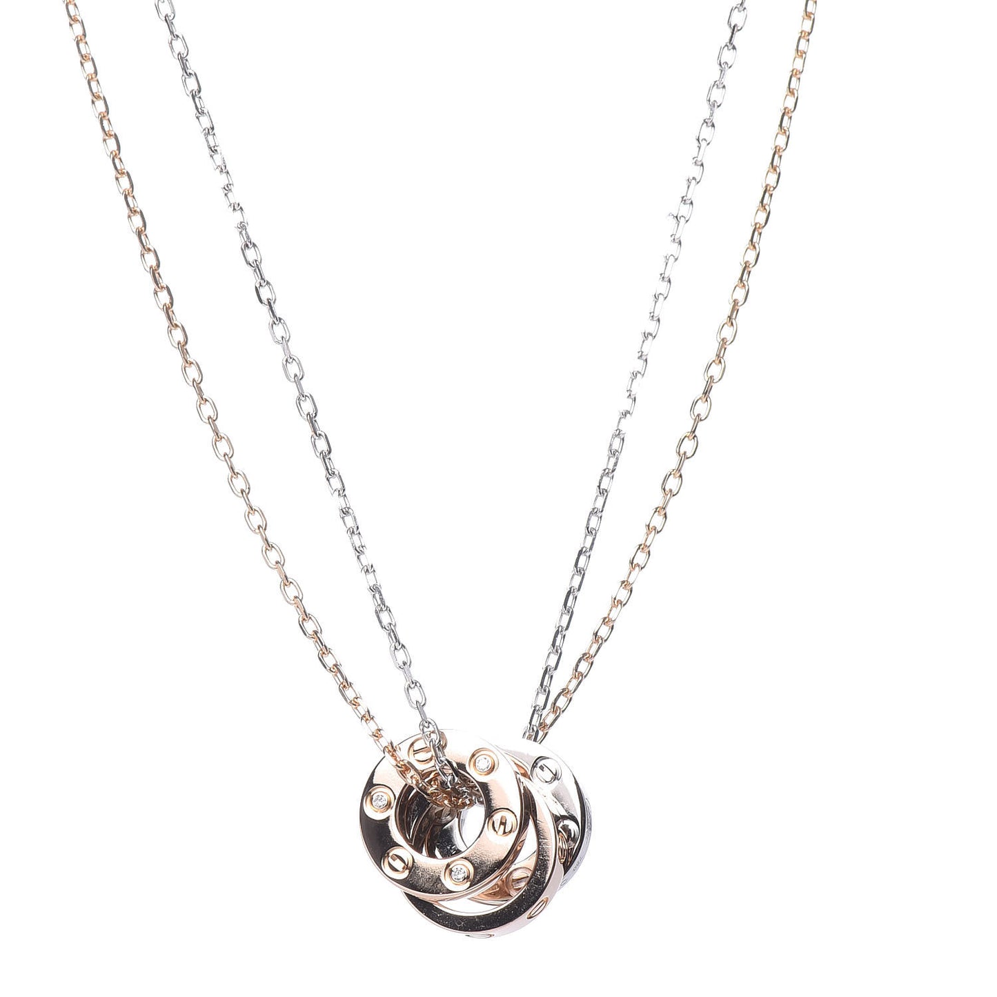 18K White Pink Gold Diamond Three Ring LOVE Pendant Necklace