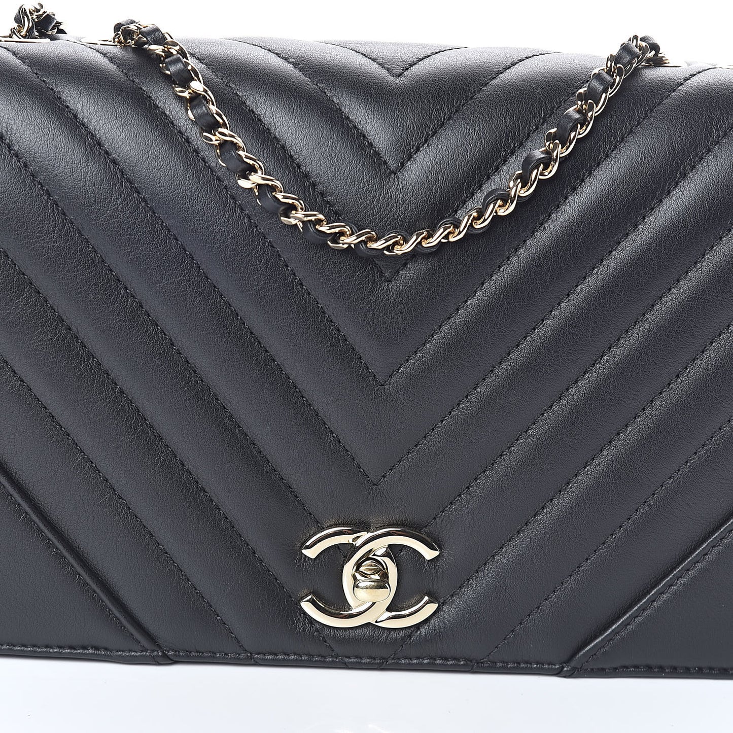 Calfskin Chevron Quilted Statement Flap Black