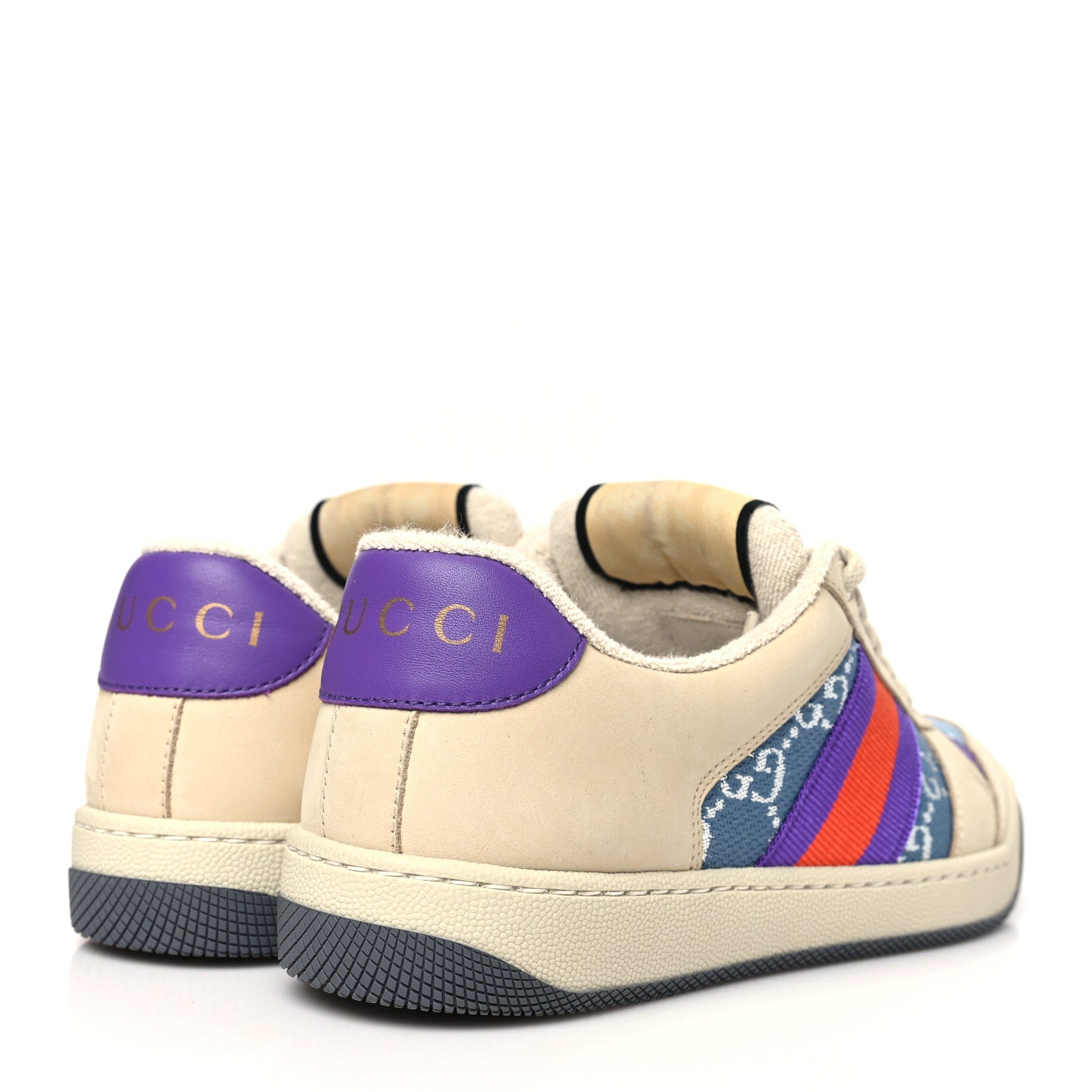 Gucci Calfskin Lame GG Monogram Web Womens Screener Sneakers 35.5 Blue Silver Dusty Milk Shine Purple 5 of 10