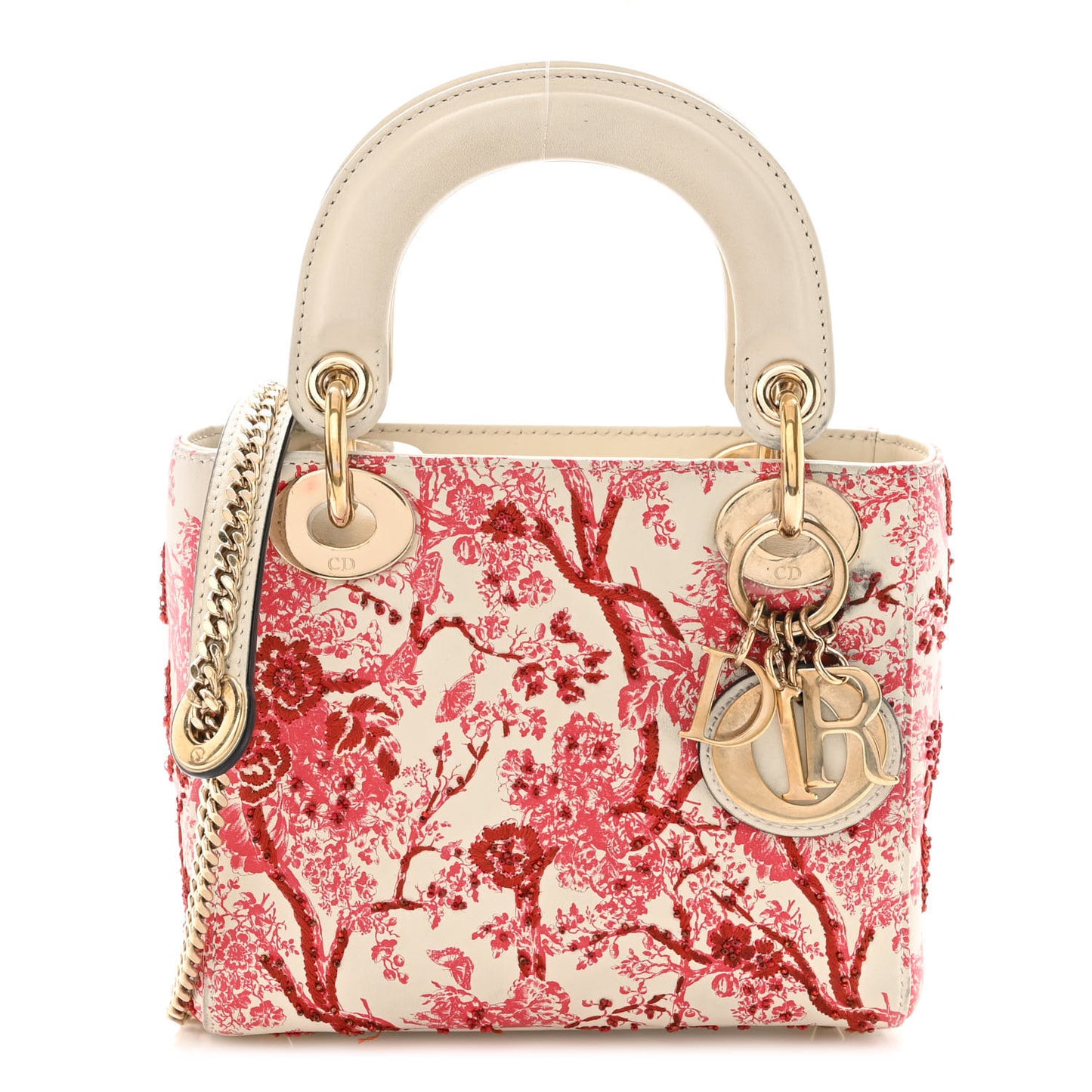 Lambskin Embroidered Floral Toile de Jouy Mini Lady Dior White Red