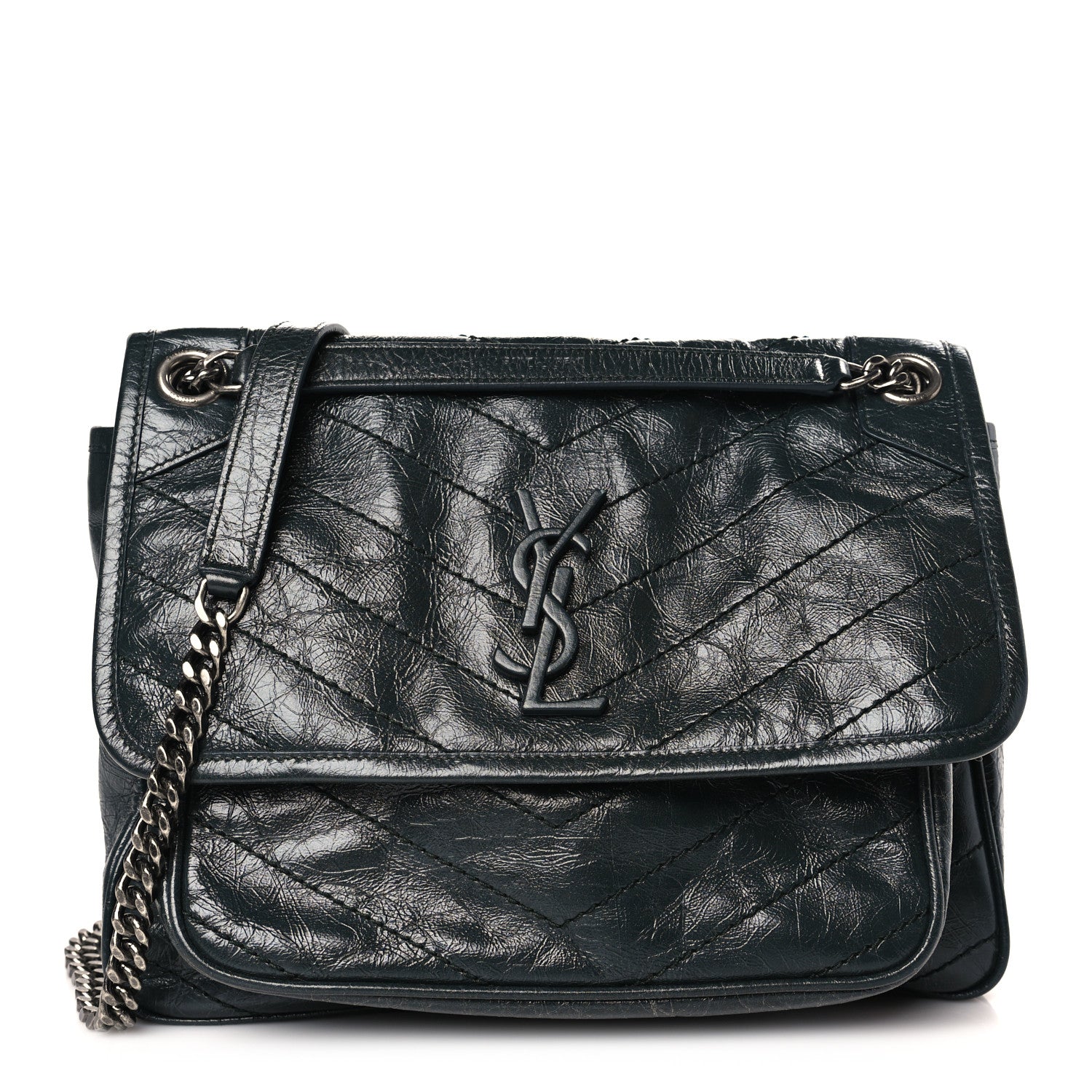 Saint Laurent Crinkled Calfskin Matelasse Monogram Medium Niki Chain Satchel Dark Green 1 of 9