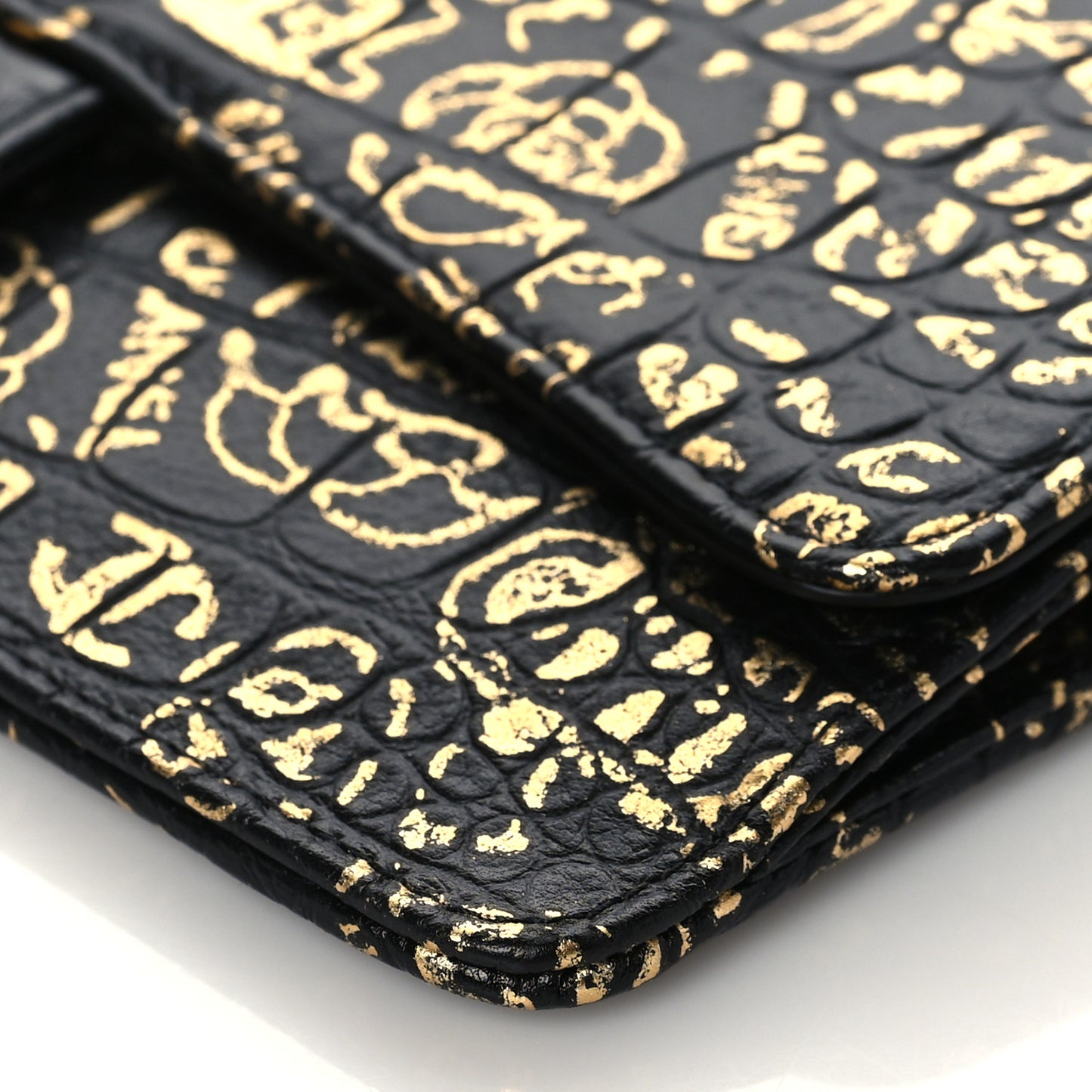 Calfskin Crocodile Embossed Egyptian Graffiti Pouch With Chain Handle Black Gold