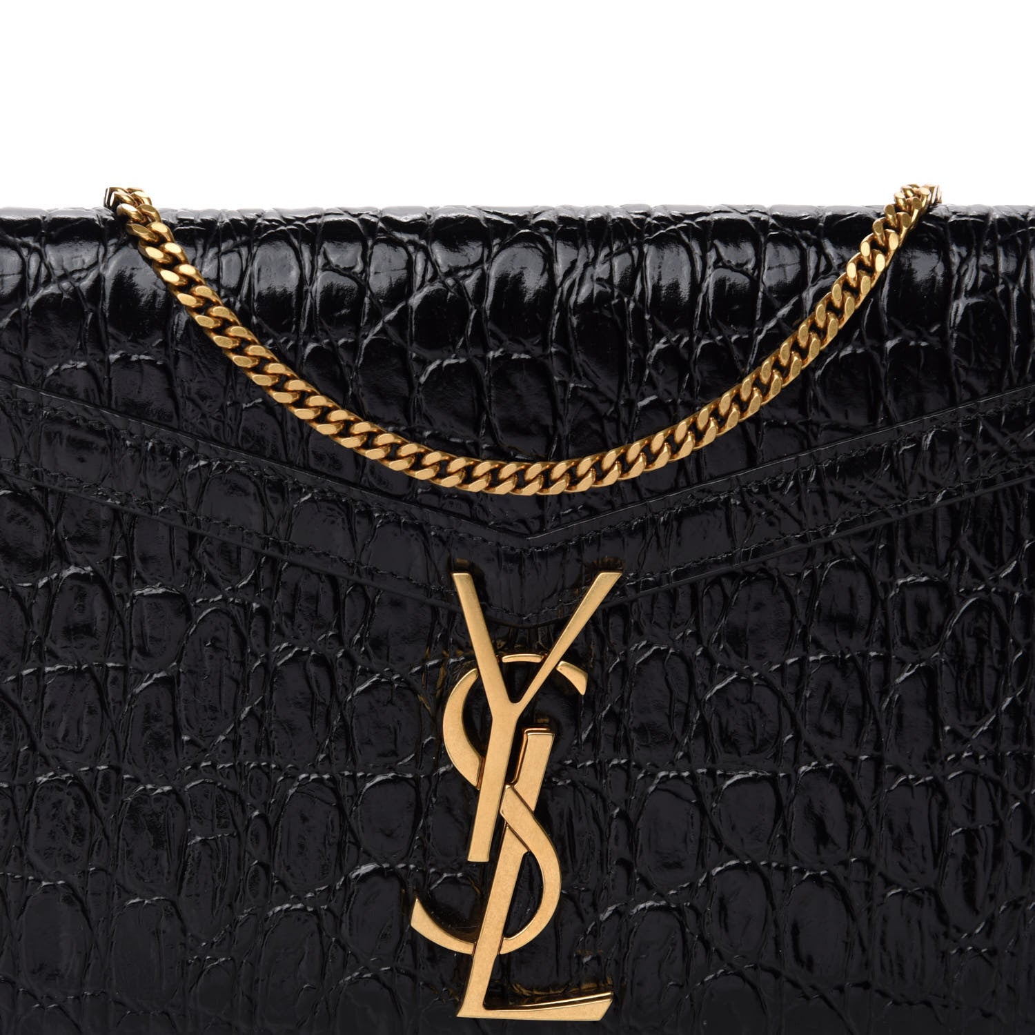 Saint Laurent Calfskin Crocodile Embossed Monogram Cassandra Chain Wallet Black 9 of 10
