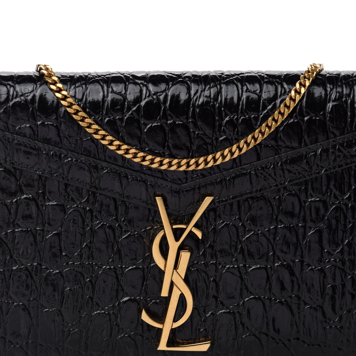 Calfskin Crocodile Embossed Monogram Cassandra Chain Wallet Black