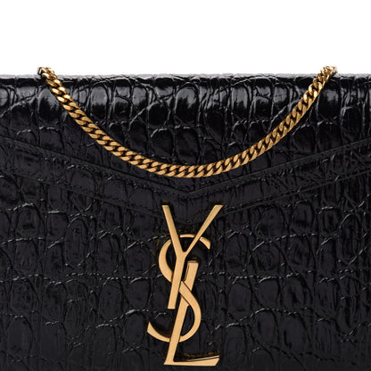 Saint Laurent Calfskin Crocodile Embossed Monogram Cassandra Chain Wallet Black 10 of 14