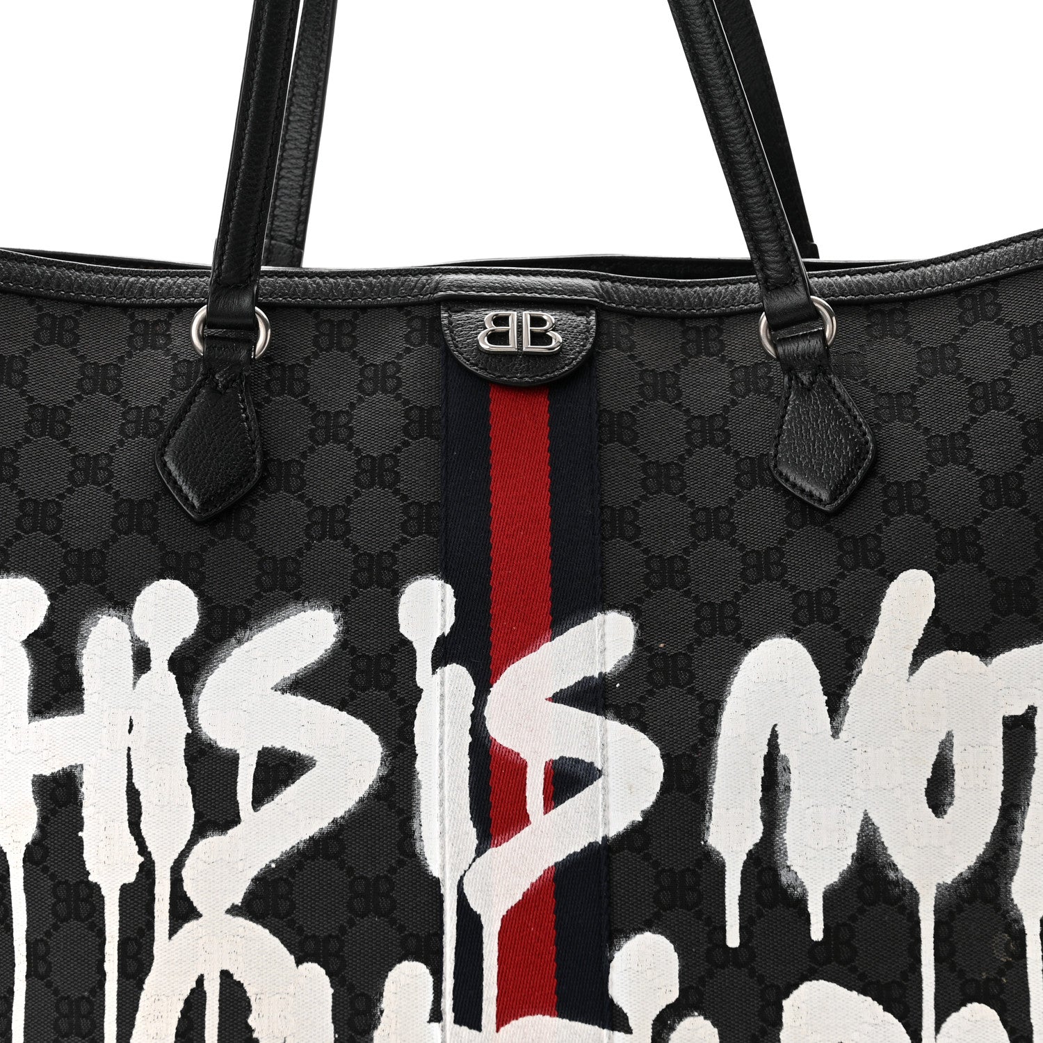 Gucci X BALENCIAGA BB Monogram Web Graffiti Large Ophidia Shopping Tote Black 8 of 11