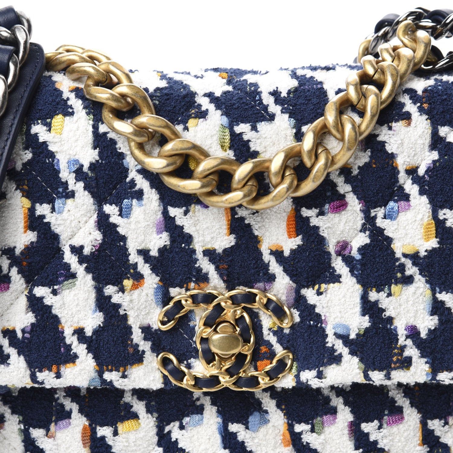 Chanel Tweed Quilted Medium 19 Flap Ecru Navy Blue Multicolor 10 of 10