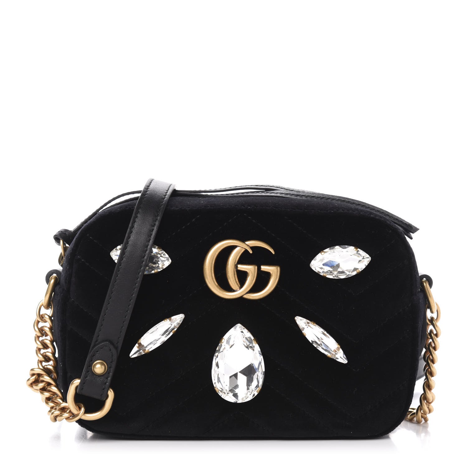 Gucci Velvet Matelasse Marquise Crystals Mini GG Marmont Chain Shoulder Bag Black 1 of 11