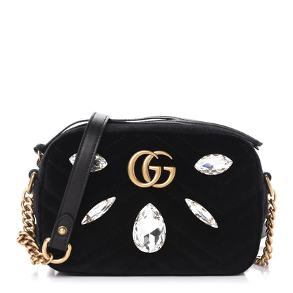 Gucci Velvet Matelasse Marquise Crystals Mini GG Marmont Chain Shoulder Bag Black 1 of 11