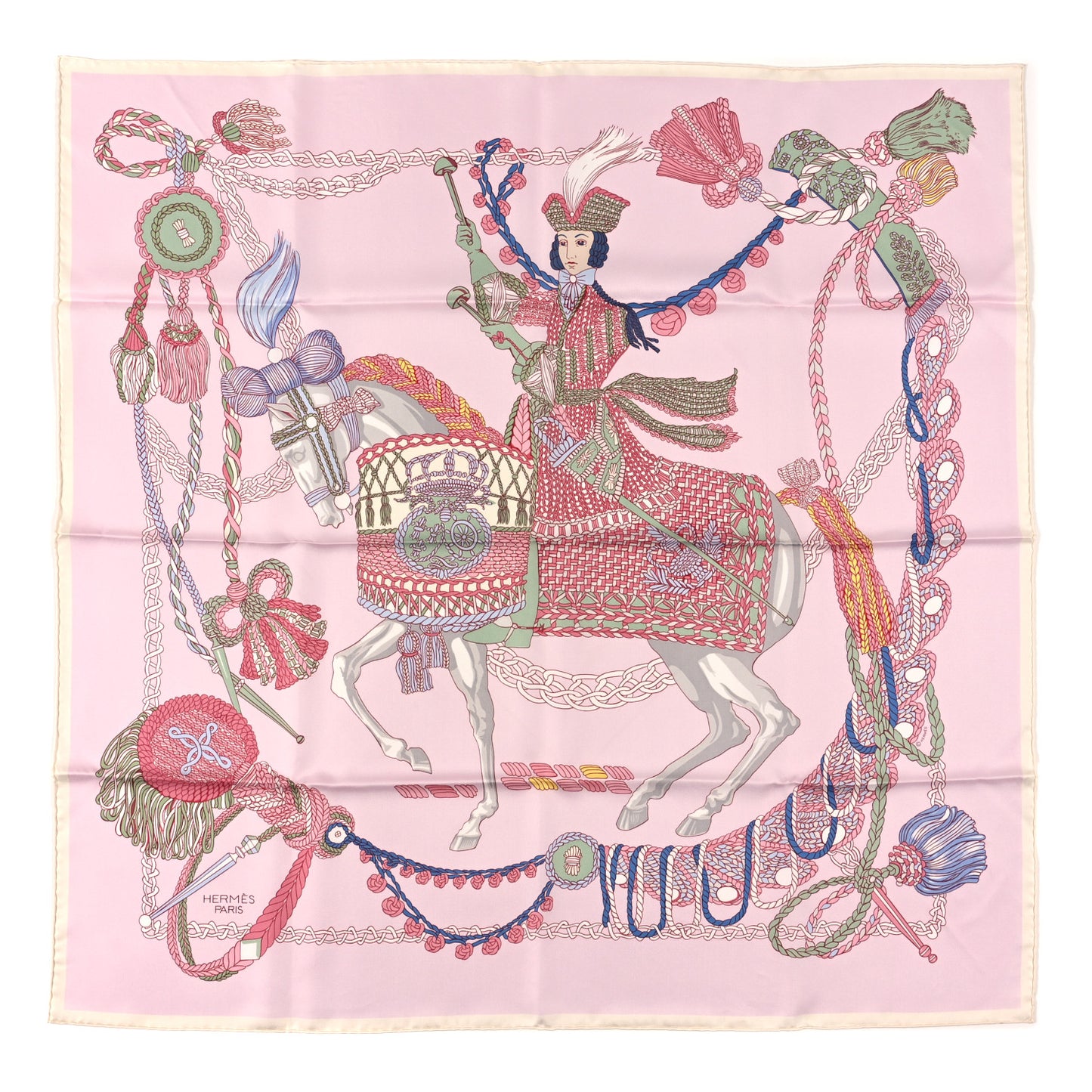 Silk Le Timbalier Scarf 90 Rose Pale Vert Amande